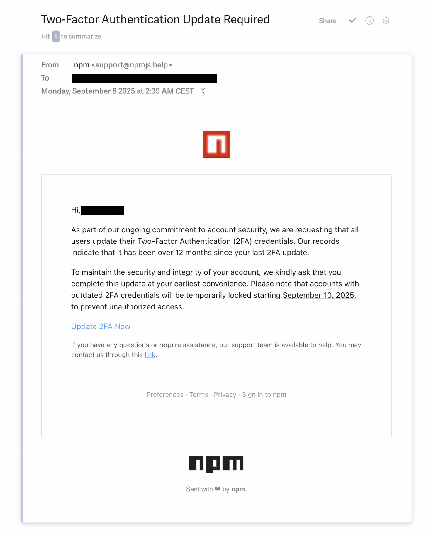 fake npm support email from a lookalike domain (`npmjs.help`)